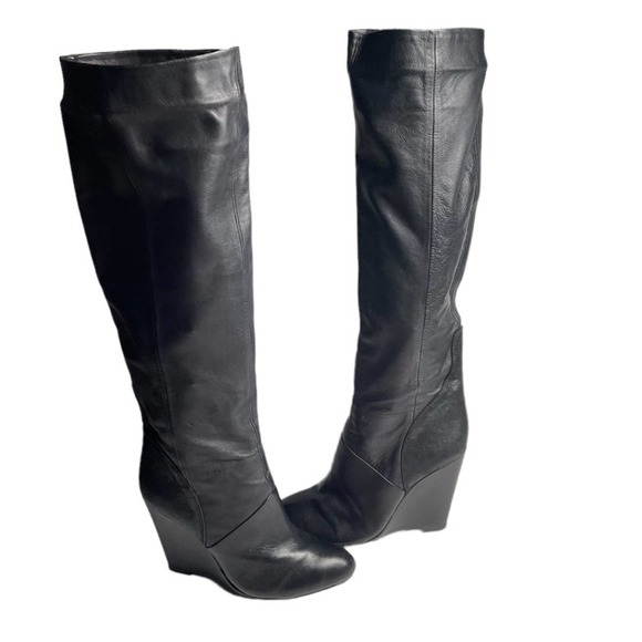 Modern Vintage Sherry Soft Leather Tall Wedge Boots 6 BLACK - Picture 1 of 7